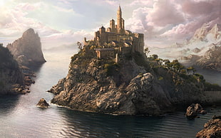 castle on island illustration, fantasy art, fantasy city
