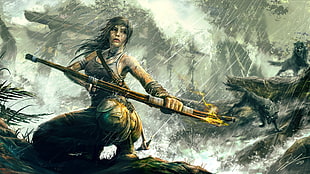 female character holding bow with fire under rain wallpaper