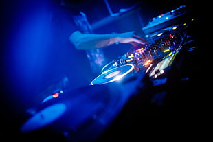 black DJ audio mixer, turntables, mixing consoles, DJ