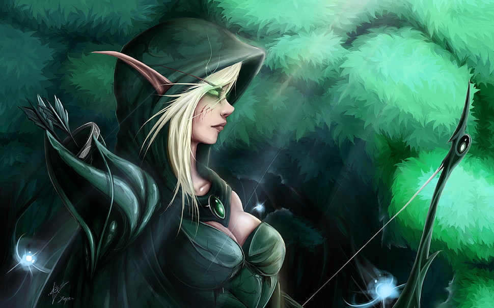elf holding bow illustration, fantasy art, elves HD wallpaper