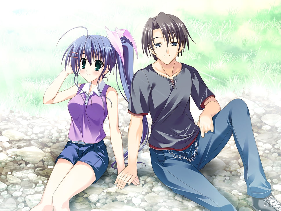 boy in black t-shirt and girl in purple sleeveless shirt anime characters HD wallpaper