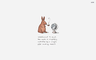 brown rabbit infront of desk globe illustration, pipes, minimalism, humor, simple background HD wallpaper