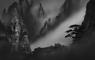 mountain covered with fog graphic poster, nature, landscape, atmosphere, mountains