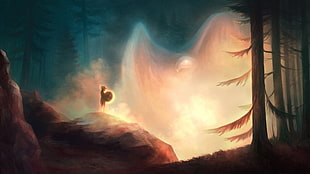 hills and pine trees digital wallpaper, artwork, fantasy art, forest, eagle