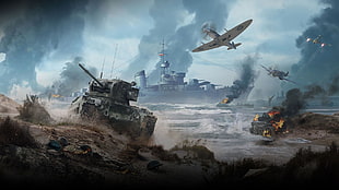 game poster, video games, World of Warplanes, tank, beach