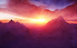 silhouette of mountain, sunset, mountains, snowy peak, snow