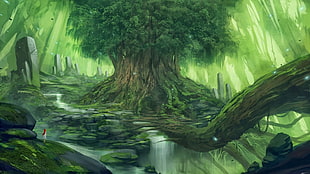 green tree illustration, fantasy art, anime