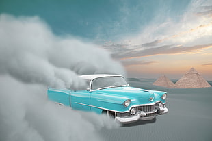 teal and white coupe with gray smoke HD wallpaper