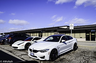 white BMW coupe, BMW, Ferrari, BMW M4 Coupe, Ferrari 458 HD wallpaper