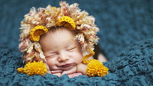 baby's beige and yellow headdress, children, fabric, baby, hat