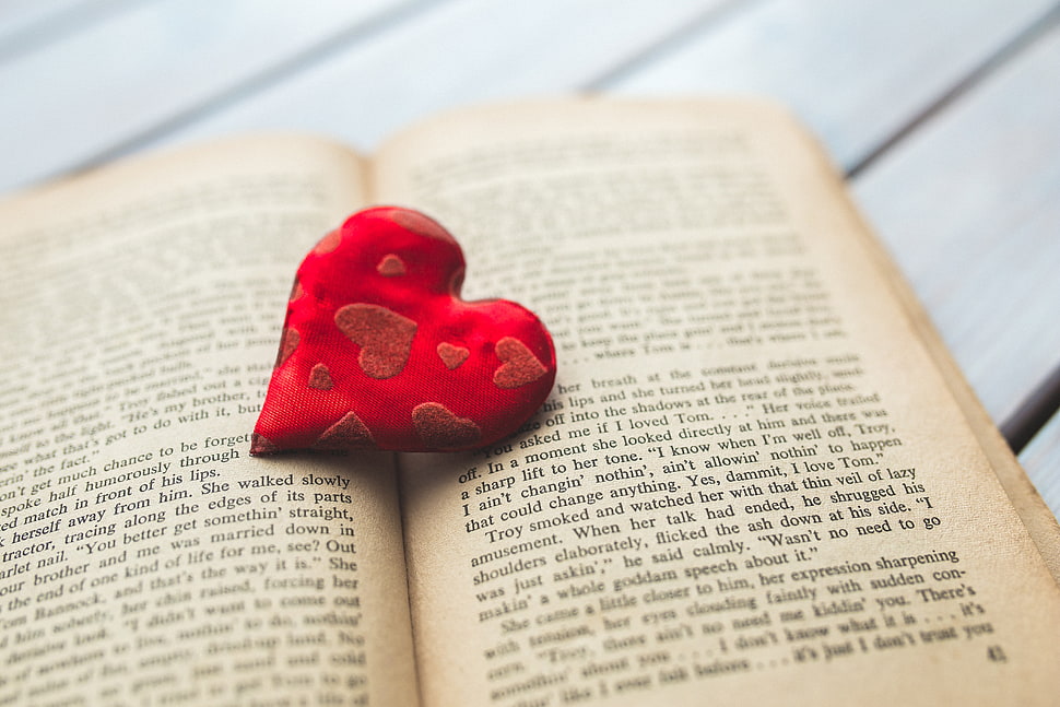 red heart on book HD wallpaper