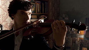 brown violin, Benedict Cumberbatch, Sherlock, actor, men HD wallpaper