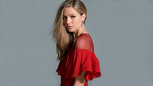 women in red off-shoulder dress HD wallpaper