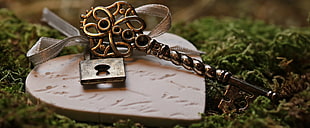 silver-colored key with lock on heart-shaped board HD wallpaper