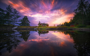 brown painted house, nature, landscape, Norway, long exposure