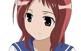 girl anime character in red hair and blue top