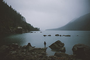 body of water, nature, lake, mist, stones
