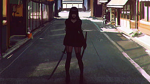 woman wearing black dress holding katana HD wallpaper