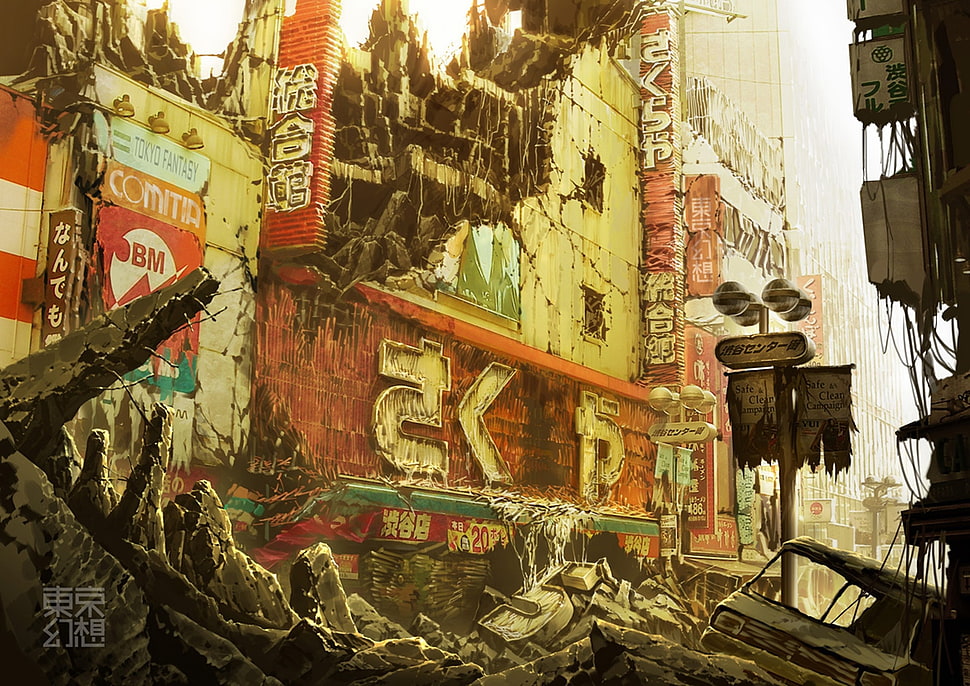 wrecked building wallpaper, apocalyptic, artwork, Tokyo, abandoned HD wallpaper