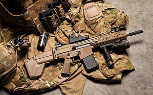 brown and black assault rifle, FN SCAR, Vertical Grip, Flash Suppressor HD wallpaper