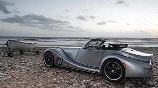 classic grey convertible, Morgan Aero, silver cars, sea, vehicle