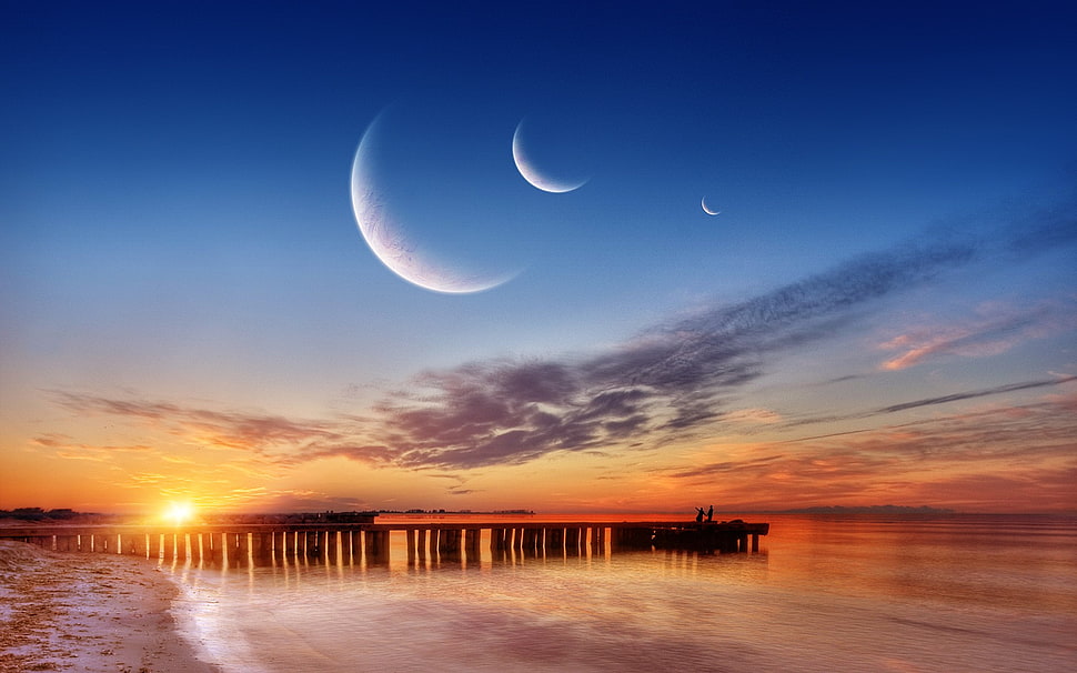 brown dock, sunset, pier, beach, sky HD wallpaper