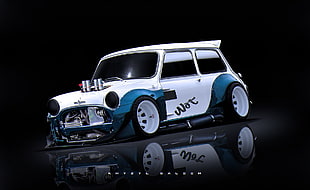 classic white and blue custom Mini Cooper, car, artwork, Mini Cooper, Khyzyl Saleem