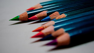 macro shot photography of color pencil, pencils, blue, colorful, sharp HD wallpaper