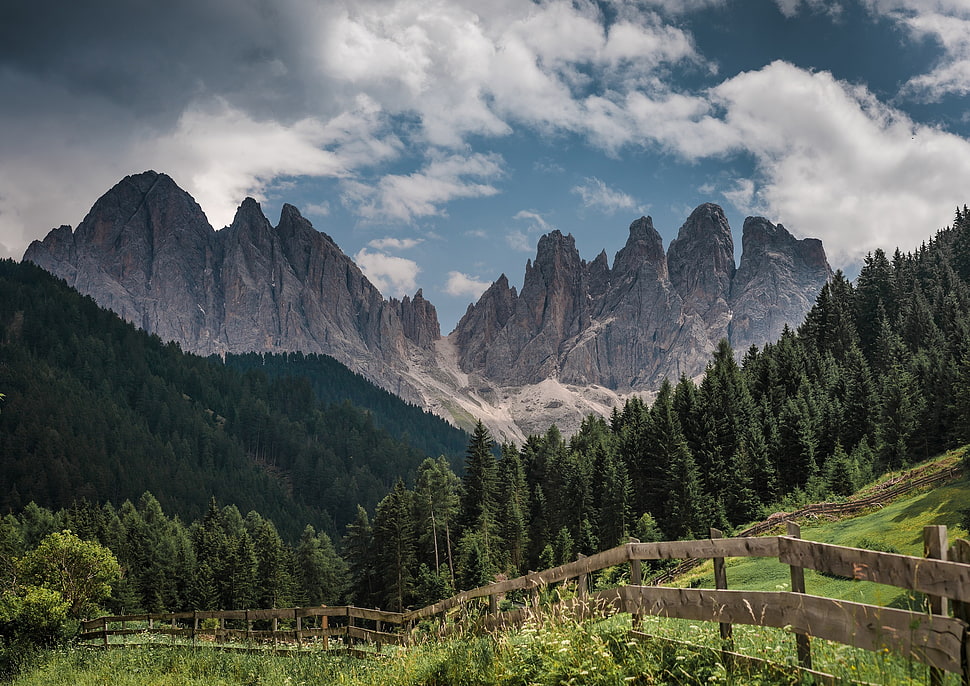 brown wooden fence, Dolomites (mountains), mountains, nature, landscape HD wallpaper
