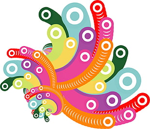 pink, teal, green, and yellow graphics