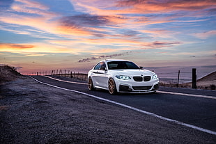 white BMW M235i coupe, road, BMW, car, vehicle HD wallpaper