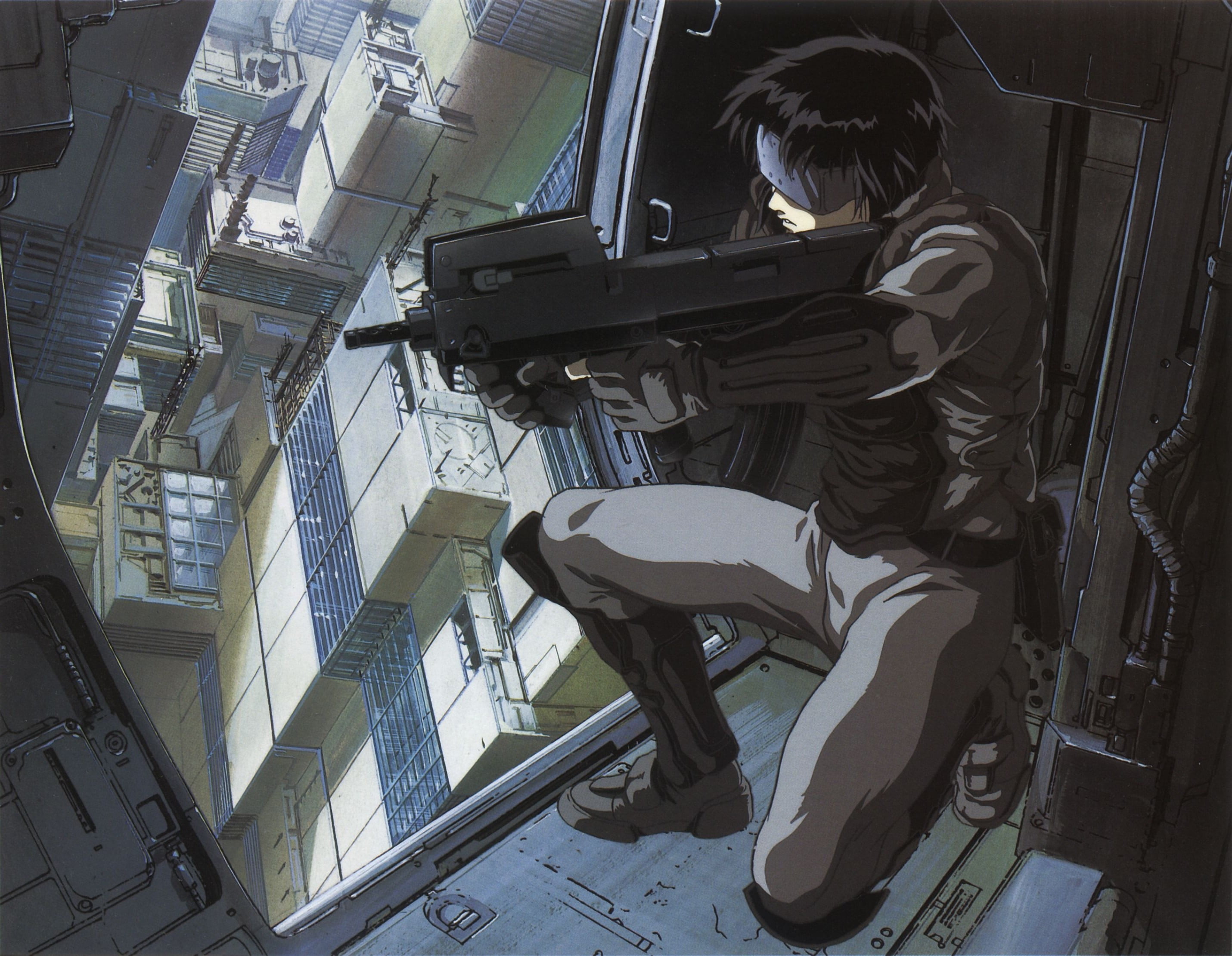 male anime character holding rifle digital wallpaper, cyberpunk, futuristic, Ghost in the Shell, anime