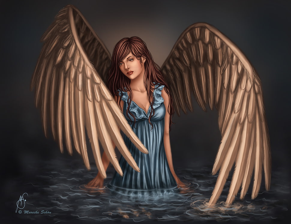 brown haired female angel cartoon illustration HD wallpaper