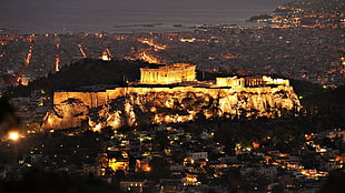 Parthenon, Greece, architecture, old building, lights, evening
