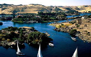 white yacht, landscape, river, boat, Nile