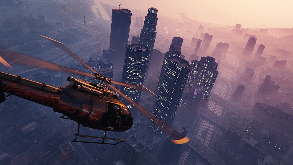 black helicopter on sky above high rise buildings HD wallpaper