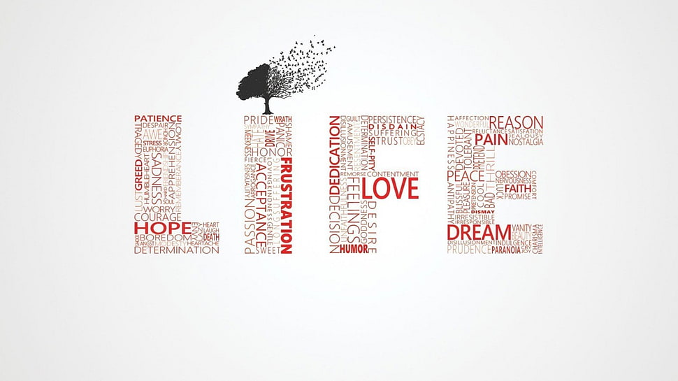 red and black life text graphic wall paper, typography, minimalism, white background, simple background HD wallpaper