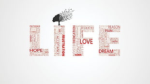 red and black life text graphic wall paper, typography, minimalism, white background, simple background HD wallpaper