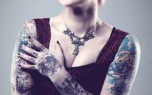 women's red and black strap top, tattoo, women, model, necklace