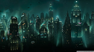 high-rise building at nighttime digital wallpaper, BioShock, video games