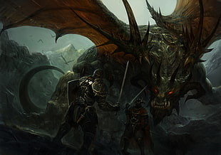 knight and dragon illustration, fantasy art, dragon, knight