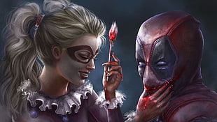 Deadpool illustration, Deadpool, Harley Quinn, artwork