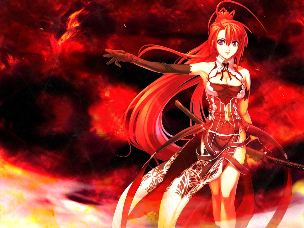 girl anime character holding sword wearing red armor illustration HD wallpaper