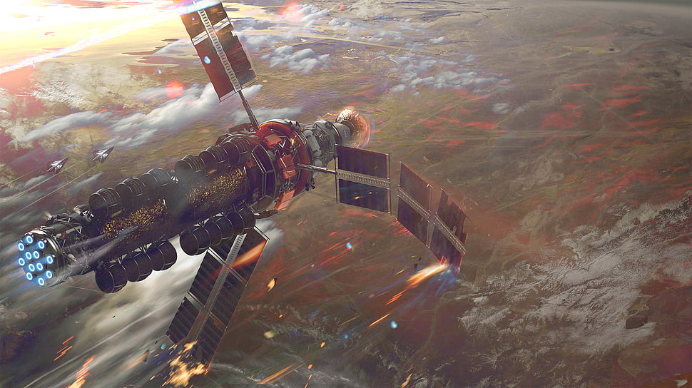 black space satellite above planet HD wallpaper