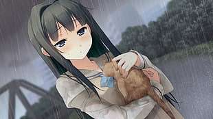 Anime illustration holding a cat HD wallpaper
