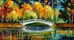 white bridge near multicolored trees still life painting, painting, bridge, colorful, Leonid Afremov HD wallpaper