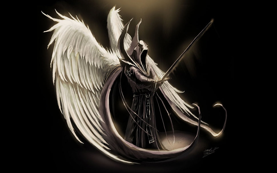 movie character holding sword with wings, wings, angel, fantasy art, sword HD wallpaper