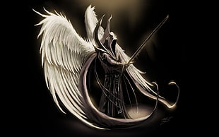 movie character holding sword with wings, wings, angel, fantasy art, sword