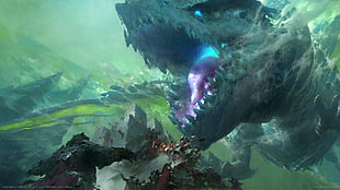 green and black fish with fish tank, Guild Wars 2, dragon, Guild Wars 2: Heart of Thorns HD wallpaper