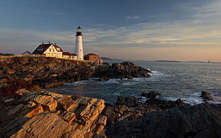 white lighthouse, landscape, nature, sea, lighthouse HD wallpaper